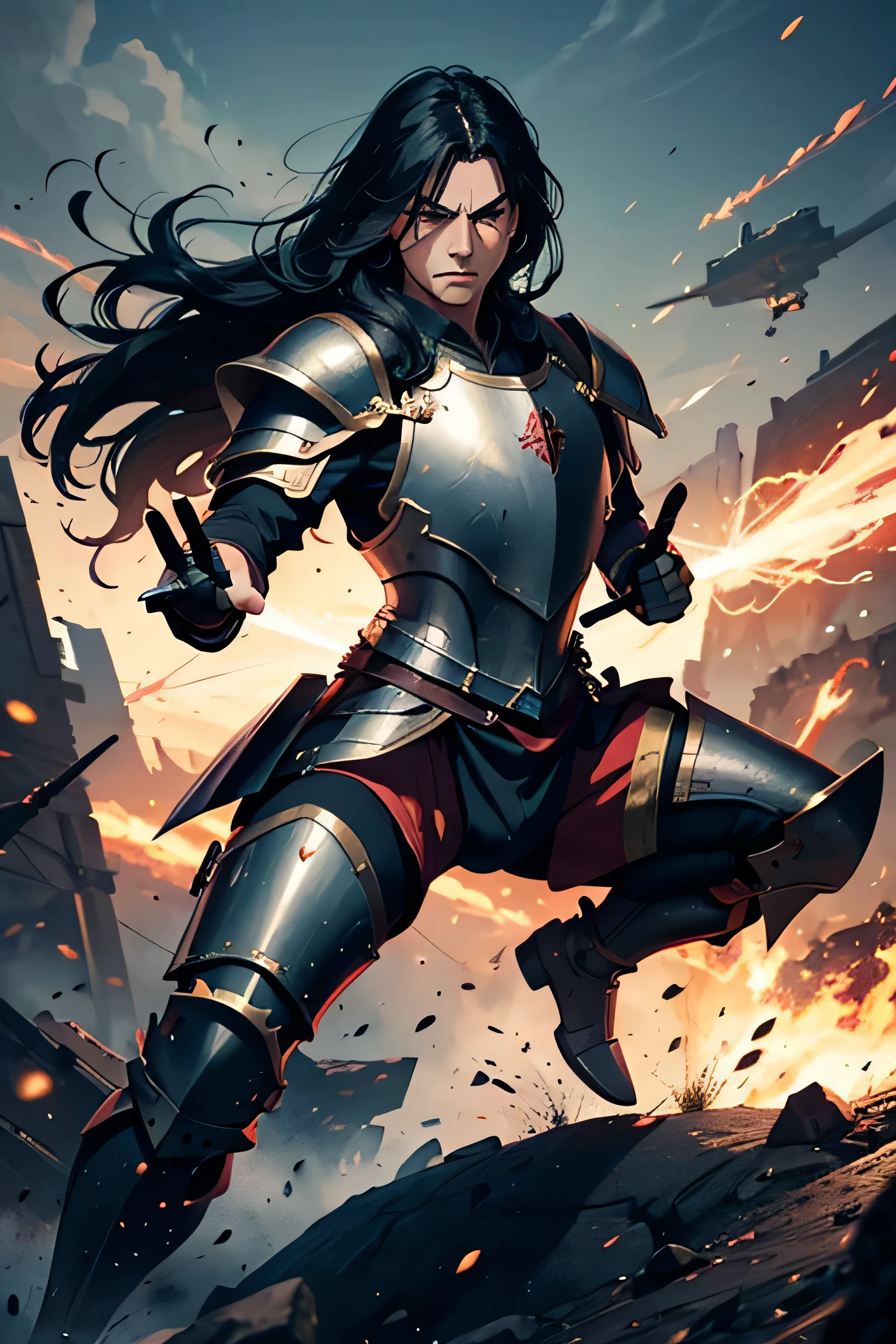 make an illustration of male war catapult liutenant, medieval time, chest plate armor, about 30 years old, long black hair, furious expression, full body, aiming war catapult pose, full posture, high res, ultra sharp, 8K, masterpiece, looking at viewer, perfect finger and hand