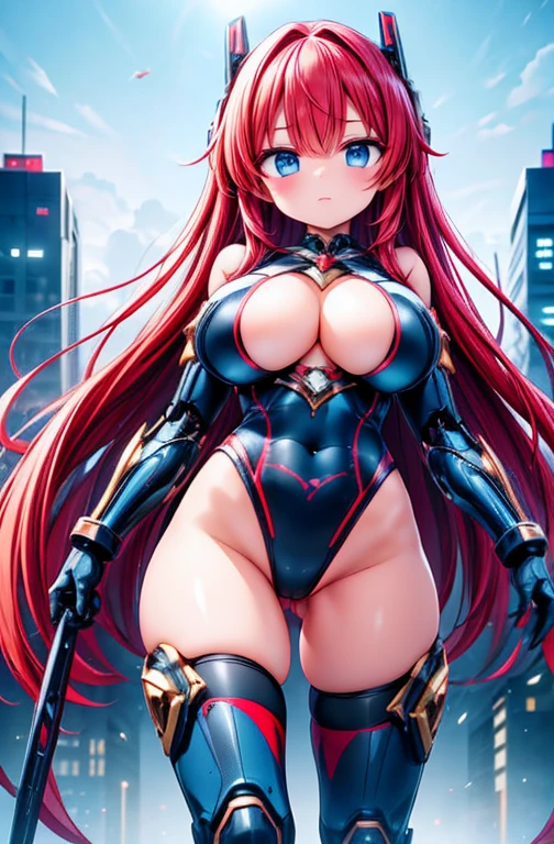 Anime Kawaii sexy Perfect Slim sensual body large breast and huge thighs, An intricate and highly detailed illustration of anime ( girl). work of art , Kizi ,breasts big. very long red hair , ((shining blue eyes)) ,  declive , perfect figure , ( technological clothing:1.2) , cyber punk , Prepare your weapon?.future , moderno , in cyber punk city, drlight smile , face detailed ,, , (8k,  最high qualiy 1.2),  very detailled, 8k uhd,, soft lighting, high qualiy, film grain,   beautiful lighting,, (cinematic:1.4) ,perfectbody , better lighting, best shade,  sharpening, sharp contrast,