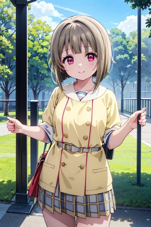 (Highest quality、Masterpiece ∶1.2)、One Girl、alone、anime、anime Screen cap、Ray Tracing、Global Illumination、ultra hi resolution picture、Bright colors、Cinematic Light、Lens flare、Light on the face、Glowing Eyes、Depth of written boundary、Detailed Background、cute、Straight、smile、View your viewers、Outdoor、Clear skies、lovelive、Kasumi Nakasu、Yellow-brown hair、Bobcut、short hair、ワンレングスBobcut、Asymmetrical Hair、Long left bangs、Red Eye、uniform、mini skirt