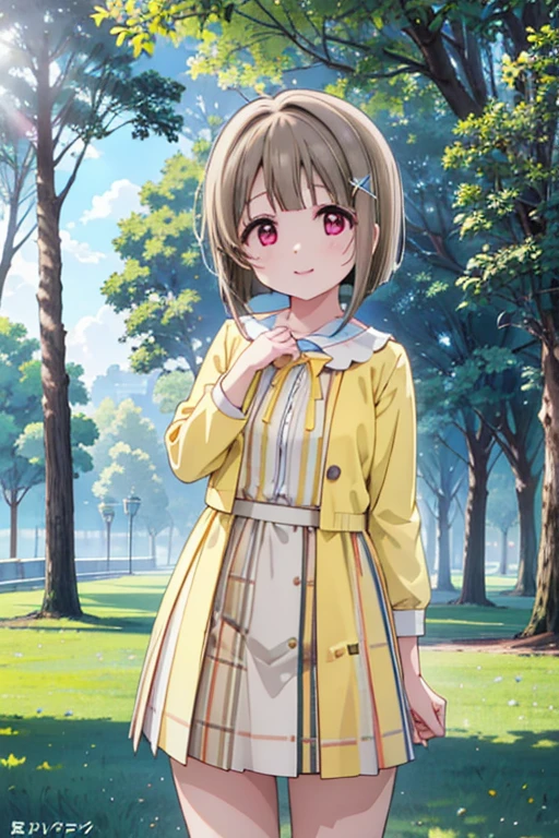 (Highest quality、Masterpiece ∶1.2)、One Girl、alone、anime、anime Screen cap、Ray Tracing、Global Illumination、ultra hi resolution picture、Bright colors、Cinematic Light、Lens flare、Light on the face、Glowing Eyes、Depth of written boundary、Detailed Background、cute、Straight、smile、View your viewers、Outdoor、Clear skies、lovelive、Kasumi Nakasu、Yellow-brown hair、Bobcut、short hair、ワンレングスBobcut、Asymmetrical Hair、Long left bangs、Red Eye、uniform、mini skirt