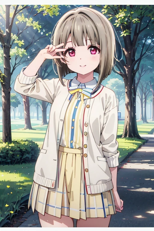 (Highest quality、Masterpiece ∶1.2)、One Girl、alone、anime、anime Screen cap、Ray Tracing、Global Illumination、ultra hi resolution picture、Bright colors、Cinematic Light、Lens flare、Light on the face、Glowing Eyes、Depth of written boundary、Detailed Background、cute、Straight、smile、View your viewers、Outdoor、Clear skies、lovelive、Kasumi Nakasu、Yellow-brown hair、Bobcut、short hair、ワンレングスBobcut、Asymmetrical Hair、Long left bangs、Red Eye、uniform、mini skirt