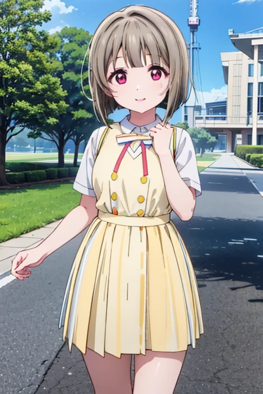 (Highest quality、Masterpiece ∶1.2)、One Girl、alone、anime、anime Screen cap、Ray Tracing、Global Illumination、ultra hi resolution picture、Bright colors、Cinematic Light、Lens flare、Light on the face、Glowing Eyes、Depth of written boundary、Detailed Background、cute、Straight、smile、View your viewers、Outdoor、Clear skies、lovelive、Kasumi Nakasu、Yellow-brown hair、Bobcut、short hair、ワンレングスBobcut、Asymmetrical Hair、Long left bangs、Red Eye、uniform、mini skirt