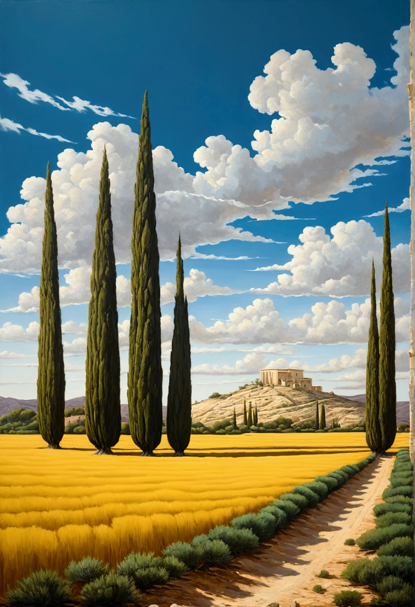 A painting showing a green field covered with cypress trees, Adhering to the brilliant style of Voigtlander, sky blue and yellow, Trompe l'oeil illusion details, Constantinos Parthenes, Desert Gustav, Louis Hyde, Impressive skies