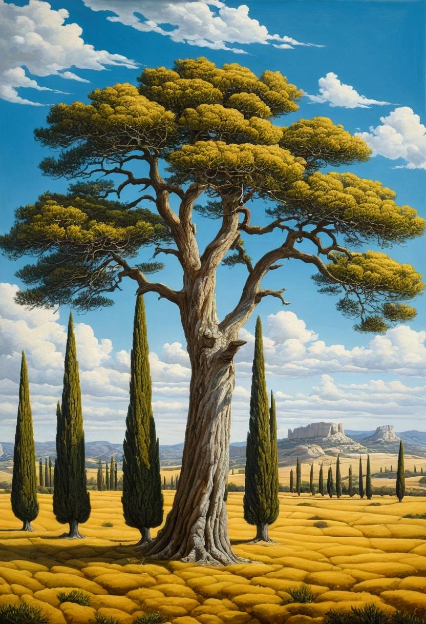 A painting showing a green field covered with cypress trees, Adhering to the brilliant style of Voigtlander, sky blue and yellow, Trompe l'oeil illusion details, Constantinos Parthenes, Desert Gustav, Louis Hyde, Impressive skies