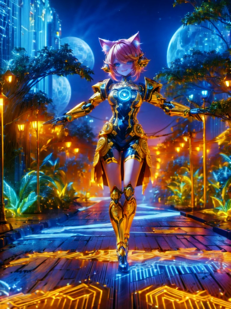 Masterpiece,Highest Resolution,Highest quality,A beautiful smiling android girl from the future,Cat ear,An intricate mechanical body,Crisp down to the smallest detail,Future city at night,whole body,looking at the camera,Very beautiful eyes,