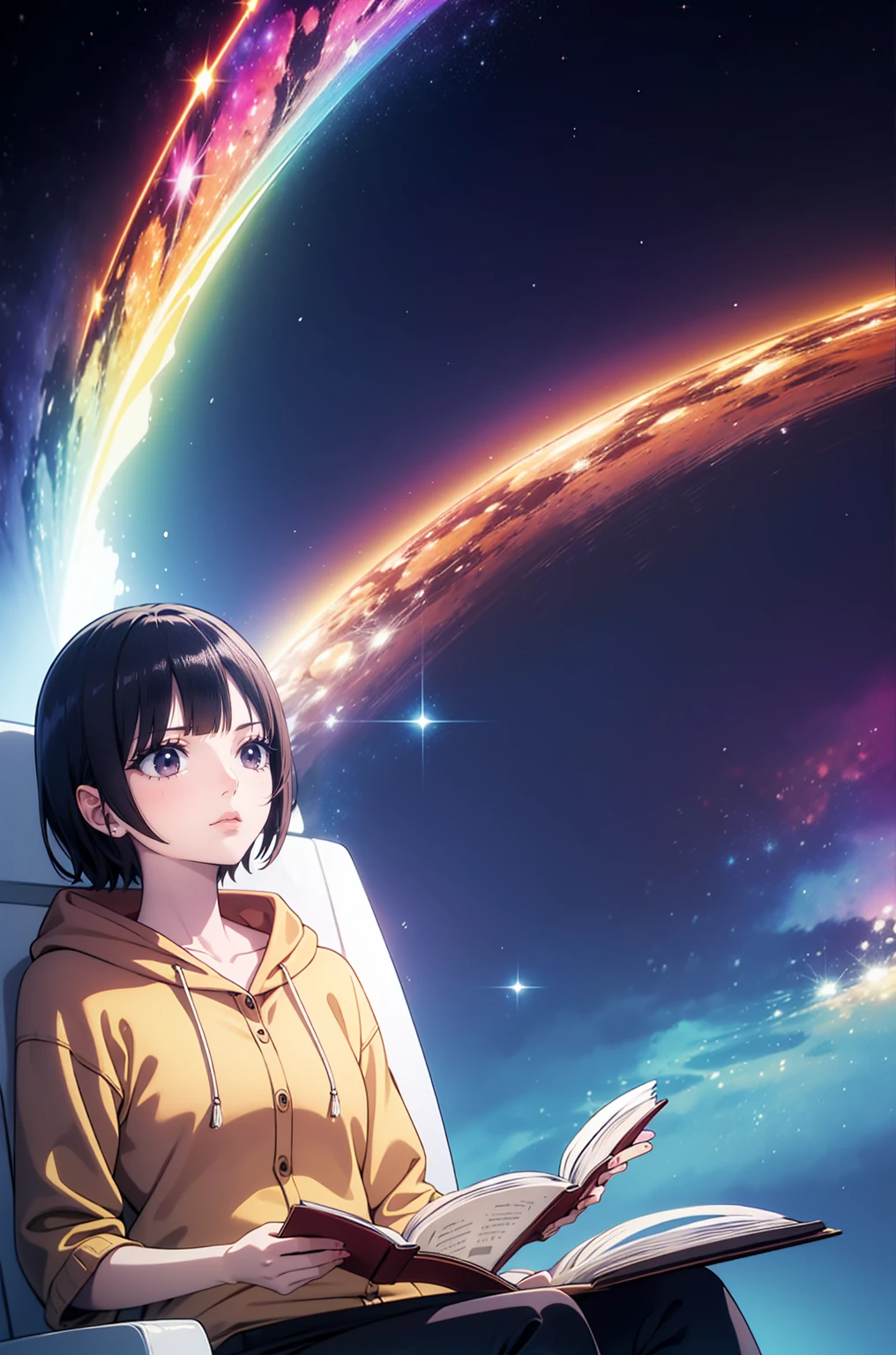 a sitting in the stars and reading a colored shining book, rainbow colored cosmic nebula sky background, stars, galaxies
