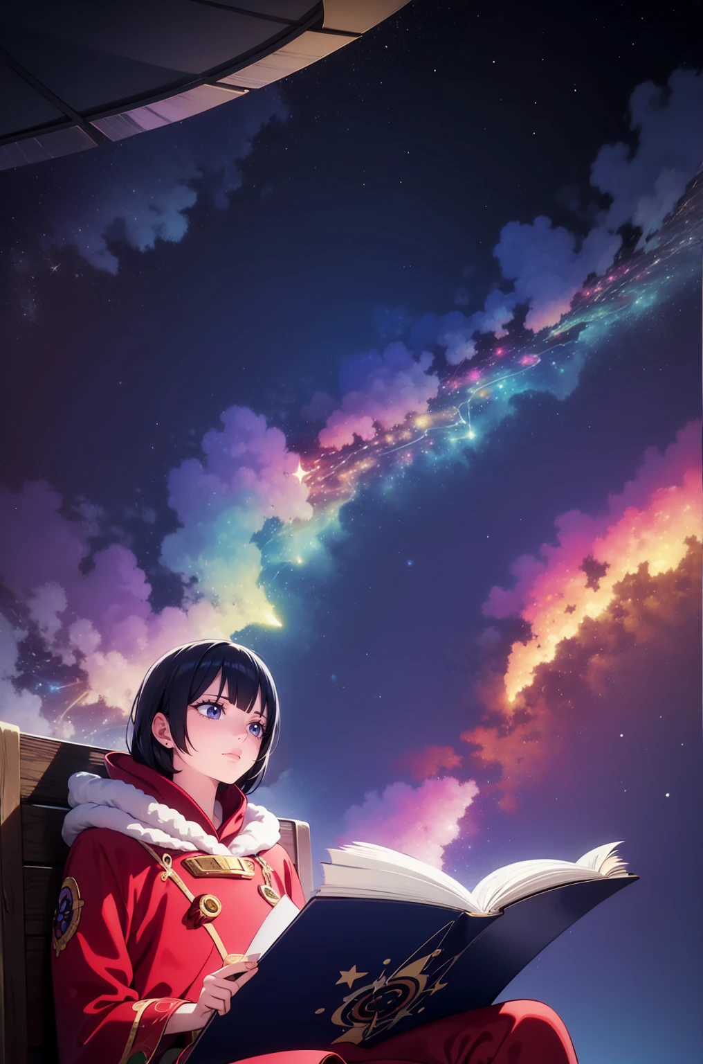 a  sitting in the stars and reading a colored shining book, rainbow colored cosmic nebula sky background, stars, galaxies