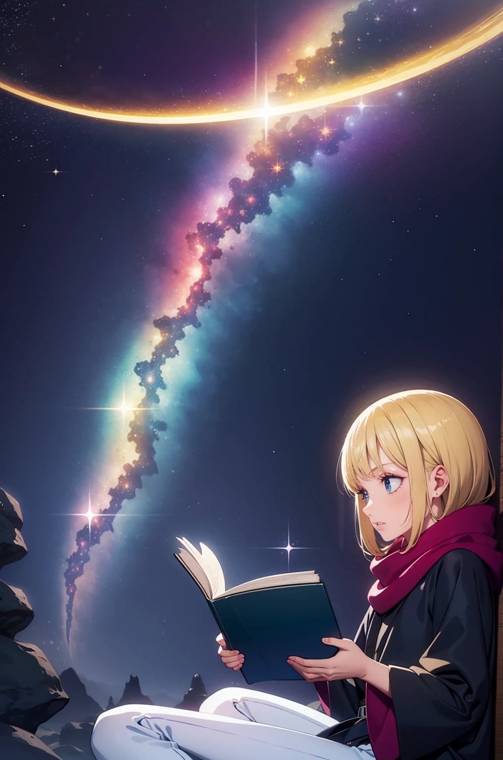 a  sitting in the stars and reading a colored shining book, rainbow colored cosmic nebula sky background, stars, galaxies