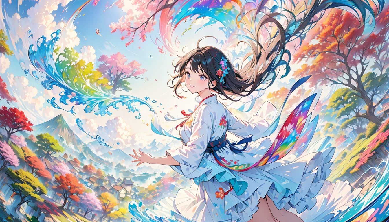 (masterpiece, Highest quality, Official Art:1.2), (colorful), Perfect Anatomy, Looking at the audience,One Girl, alone, White Background, floating colorful water, Ultra-fine illustrations, Highly Details, Dynamic Angle, Beautiful detailed, 8K, 壊す smiling amidst the colorful scenes, (High resolution), Anime Style, (Fractal Art:1.1), pastel colour