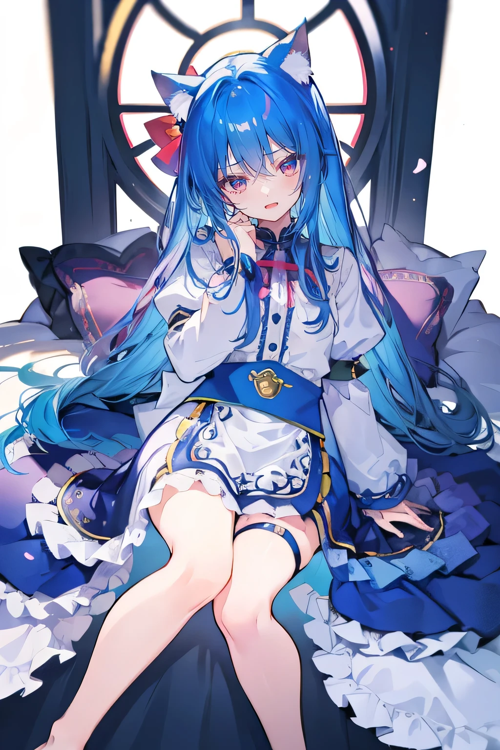 (masterpiece:1.2),Extremely detailed,Practical,expressive eyes,Fair skin,Perfect face shaping,1 Girl,
Japanese cartoons,Gorgeous blue hair, the long flowing blue hair,Floating clothes,Cat ears,Petals fall,beautiful lola,Young Angel,
Place your hands on your waist,sit elegantly on the ground,Cross your legs,Gentle and peaceful background,stately church,Place your hand on your lips。