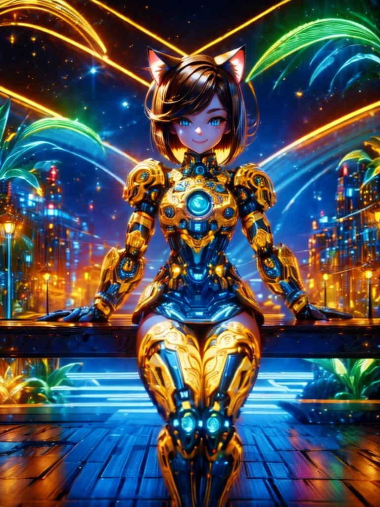 Masterpiece,Highest Resolution,Highest quality,A beautiful smiling android girl from the future,Cat ear,Brown hair short bob,An intricate mechanical body,Crisp down to the smallest detail,Future city at night,whole body,looking at the camera,Very beautiful eyes,
