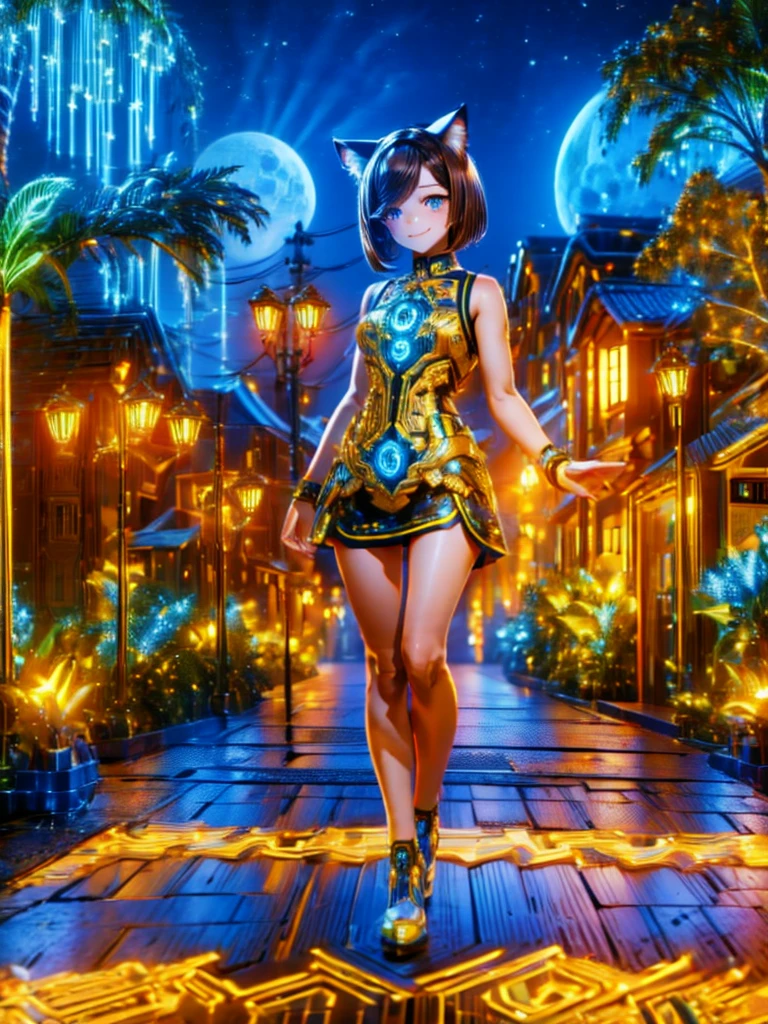 Masterpiece,Highest Resolution,Highest quality,A beautiful smiling android girl from the future,Cat ear,Brown hair short bob,An intricate mechanical body,Crisp down to the smallest detail,Future city at night,whole body,looking at the camera,Very beautiful eyes,