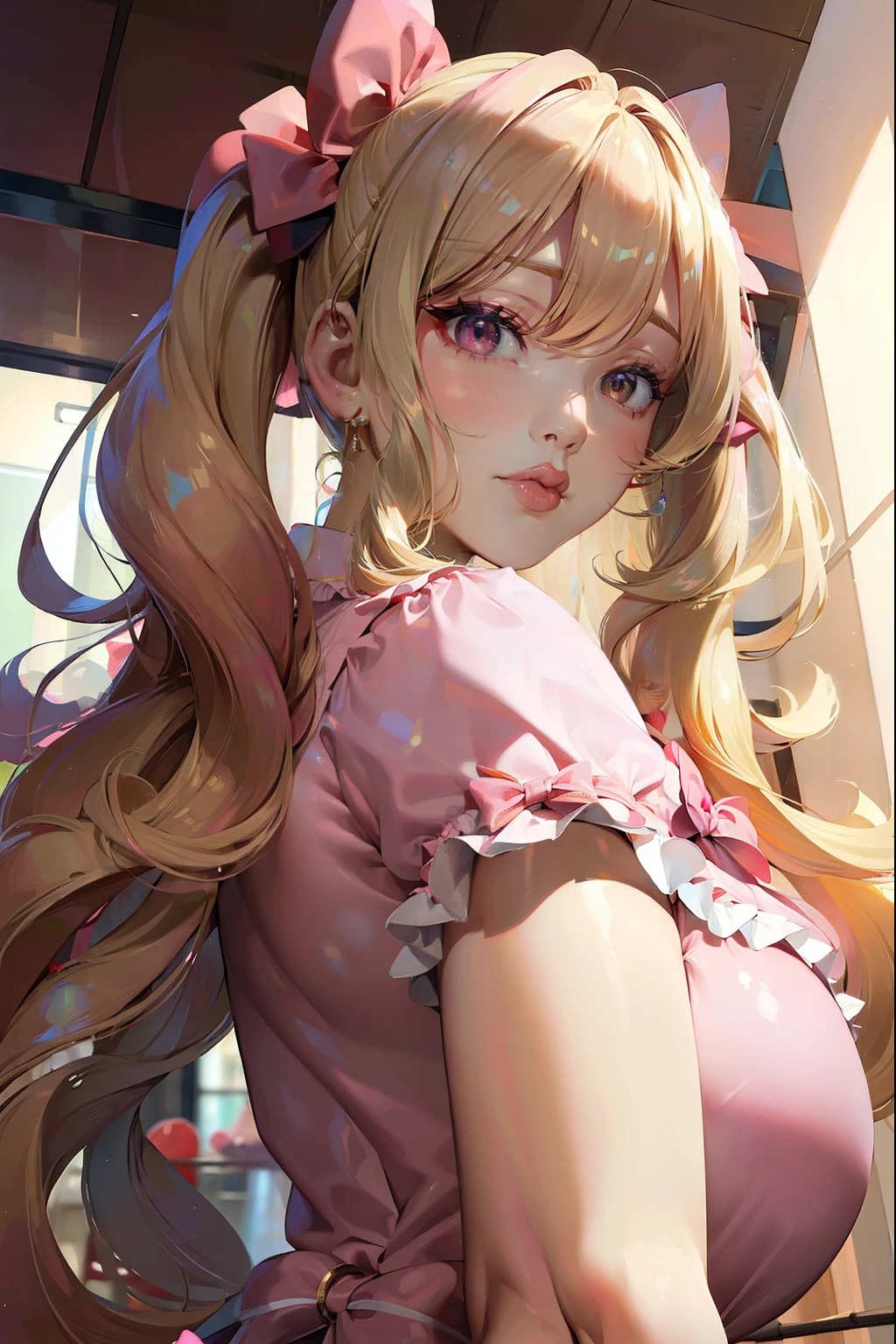  (masterpiece:1.2), super detailed, massive , big ass, juicy lips, big lips, massive lashes, long blonde hair, twin tails, hair down, pink bow, pink clothes, from below,