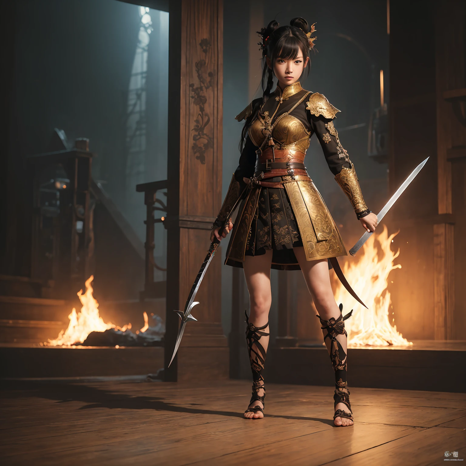 ((Full body photo, standing, feet on the floor)) Young Japanese Girl, warrior, 23 year, Evil look,,Combat Stance, Swinging a Sword, Very detailedな, Full body image, Vibrant appearance, Creative Action, Very detailedな, Imaginative, Sensual, Voluntary, highest quality, Skin Texture, Intricate details, (Cinema Lighting), RAW Photos, 8k, masterpiece,highest quality,Super detailed,Very detailedなイラスト,Very detailed,Intricate details,High resolution,Very intricate details,Very detailed 8k cg wallpaper,