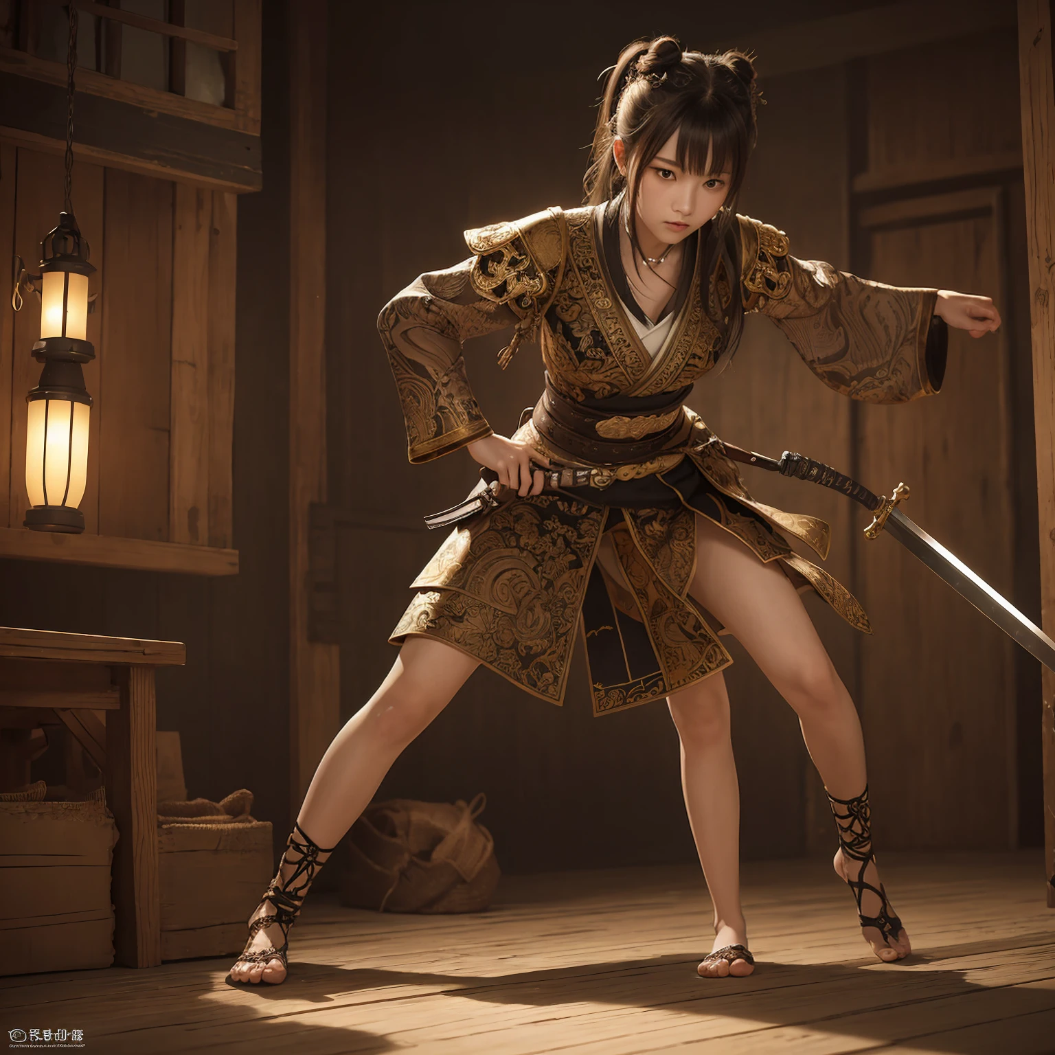 ((Full body photo, standing, feet on the floor)) Young Japanese Girl, warrior, 23 year, Evil look,,Combat Stance, Swinging a Sword, Very detailedな, Full body image, Vibrant appearance, Creative Action, Very detailedな, Imaginative, Sensual, Voluntary, highest quality, Skin Texture, Intricate details, (Cinema Lighting), RAW Photos, 8k, masterpiece,highest quality,Super detailed,Very detailedなイラスト,Very detailed,Intricate details,High resolution,Very intricate details,Very detailed 8k cg wallpaper,