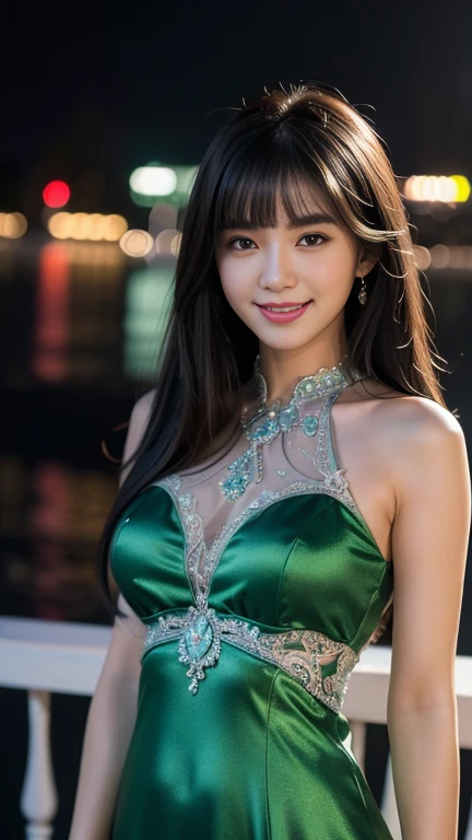 (highest quality,masterpiece:1.3,ultra high resolution),(Super detailed,caustics),(realistic:1.4,RAW shooting),(Vibrant color saturation),1 girl,20-year-old,flat bangs、smiling、Blurred background,emerald lace dress、night view、light up、Asian princess-like、