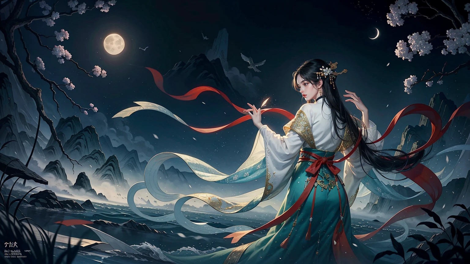 Official Art, Unity 8K wallpaper, Extremely detailed, beautiful and aesthetic, masterpiece, best quality, For the world，You may be alone，But for someone，You could be the whole world, paradox, Adrian Genius, Jenny Savile, Edward Hope, Surrealism, The Dark Arts of James Jean, Takato Yamamoto, 墨water朋克极简主义, fashion magazine, Editorial Photography, gufeng, moon, Tree, Solitary, water, flower, Branches, night, Black Hair, Back to, shawl, full moon, (1 Korean girl，Sexy facial features，Sexy fingers), in Tree, Long hair, Sky, sit, Chinese clothes, Hanfu, crescent moon, permanent, outdoor，