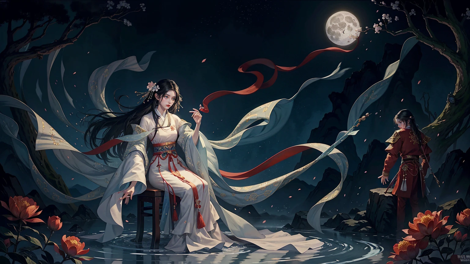 Official Art, Unity 8K wallpaper, Extremely detailed, beautiful and aesthetic, masterpiece, best quality, For the world，You may be alone，But for someone，You could be the whole world, paradox, Adrian Genius, Jenny Savile, Edward Hope, Surrealism, The Dark Arts of James Jean, Takato Yamamoto, 墨water朋克极简主义, fashion magazine, Editorial Photography, gufeng, moon, Tree, Solitary, water, flower, Branches, night, Black Hair, Back to, shawl, full moon, (1 Korean girl，Sexy facial features，Sexy fingers), in Tree, Long hair, Sky, sit, Chinese clothes, Hanfu, crescent moon, permanent, outdoor，