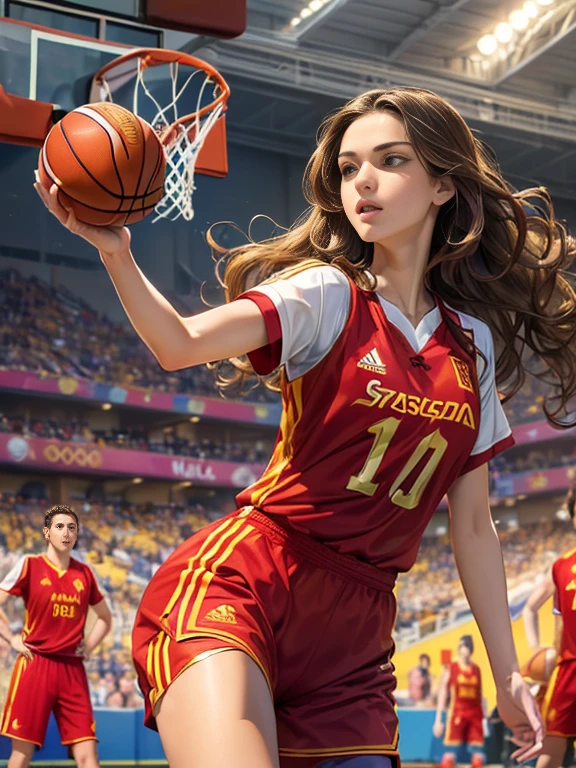 (masterpiece), (best quality:1.4), (intricate details:0.2), (1girl, caucasian), medium breasts, slim body, tall body, (((soccer uniform, intricate details))), ((long wavy brunette hair)), scenery, (((basketball player uniform))), (((shooting a free throw at the basket))), (((Spanish national red  team colors))), (on basketball olympic),
