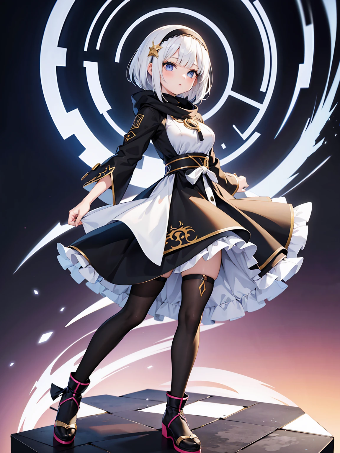 Anime-style image of a woman with white hair and black clothing, Cute 3D anime girl render, Anime VTuber Full Body Model,Anime girl in middle eastern clothing, Highly detailed characters, Official character art,Hijab,Bobcut,Arabian,Wear a hood