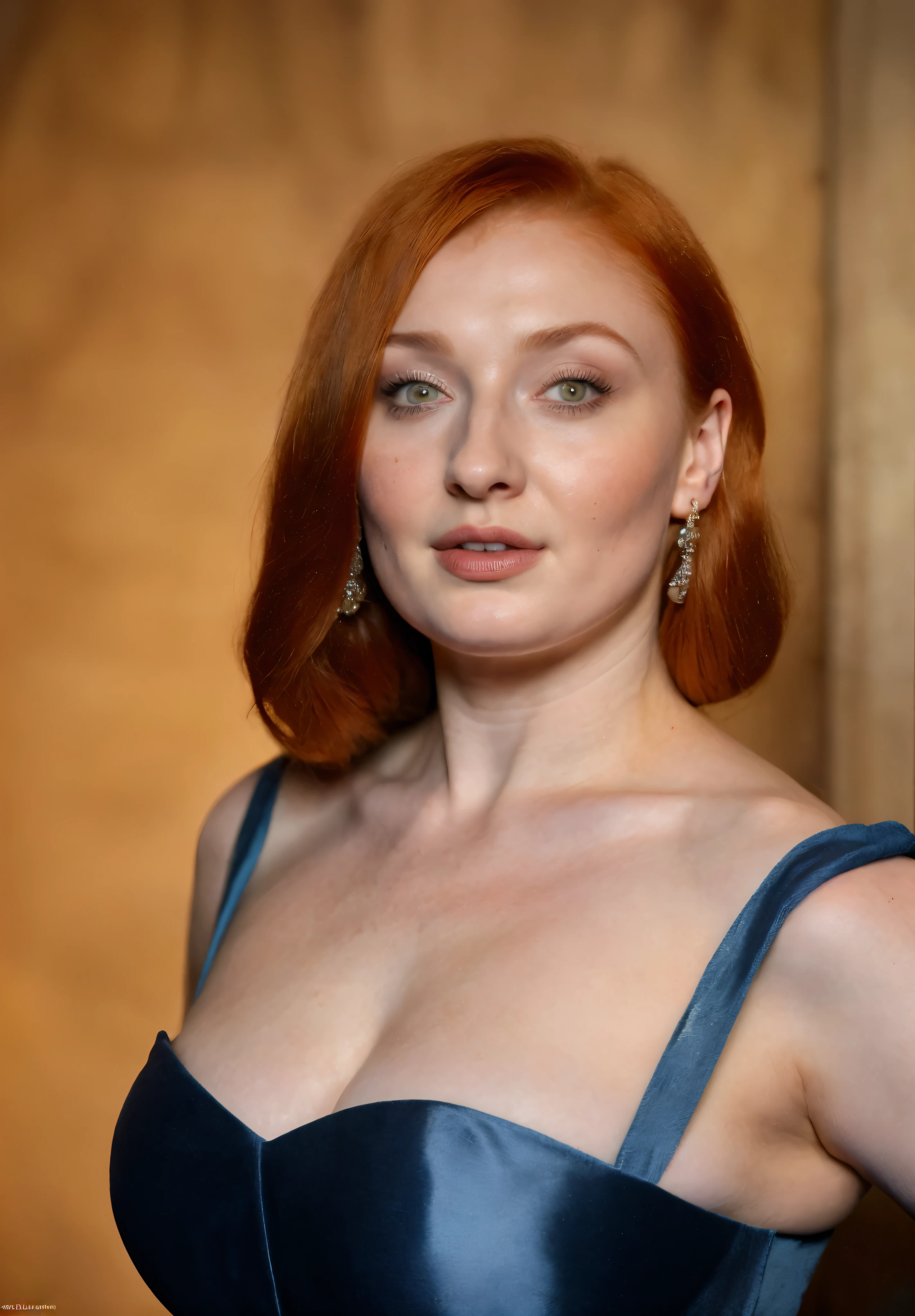 Face of Sophie Turner, Portrait of Sansa Stark, Sansa Stark played by Sophie Turner, the de facto Lady of the Eyrie, is a 60-year-old mature queen with a stunning, alluring appearance, mommy figure, wide body, heavy figure, fleshy bulky figure, Full Face, Full figured woman, pierced eyes, reddish lips, upper body shot, erotic Mediaeval costumes, game of thrones costumes, She wears a Game of Thrones-inspired costume and has a deep cleavage, a perfect thick body, and a perfect thick figure. The photograph captures her in a close-up, with her skin texture and facial features being ultra-realistic and realistic. Juicy thick figure, Sansa's breast is now heavier and saggy as she is aged mature lady now, high quality skin, Skin pores, amazing details, snow, snow flakes, semi realistic, extremely detailed eyes, dark moody orange and black settings, cool environment, artificial intelligence, high quality skin, insane details, veins visible slightly, mole on the breast, freckles 0.1, wrinkles 0.1, queen mother, game of thrones like background settings, her skin has a naturally rough texture with pores and fine lines, aged mature beauty, mother queen, mom figure, visible blue veins,Mole on the breast, insane details,