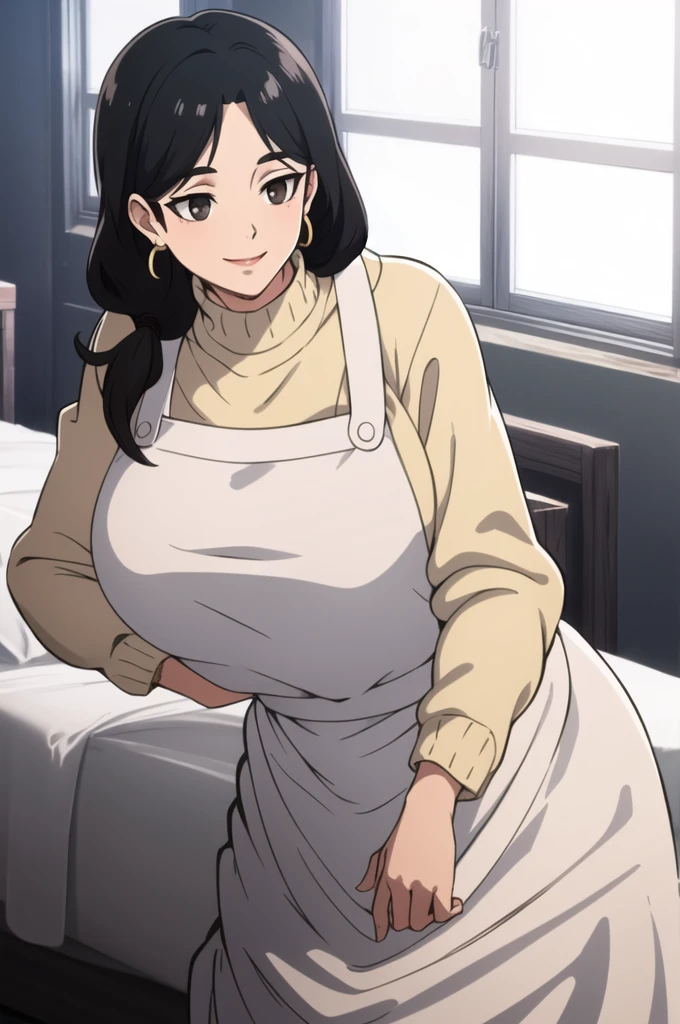 ((Practical)), (masterpiece, best quality), (Mature), Lying on the big white bed, Wearing a white turtleneck sweater,Wide hips,Wearing a black apron, full, Breast sagging, (Short shoulder-length black hair, Bangs), Long skirt, Smile, For the audience, earrings, window
