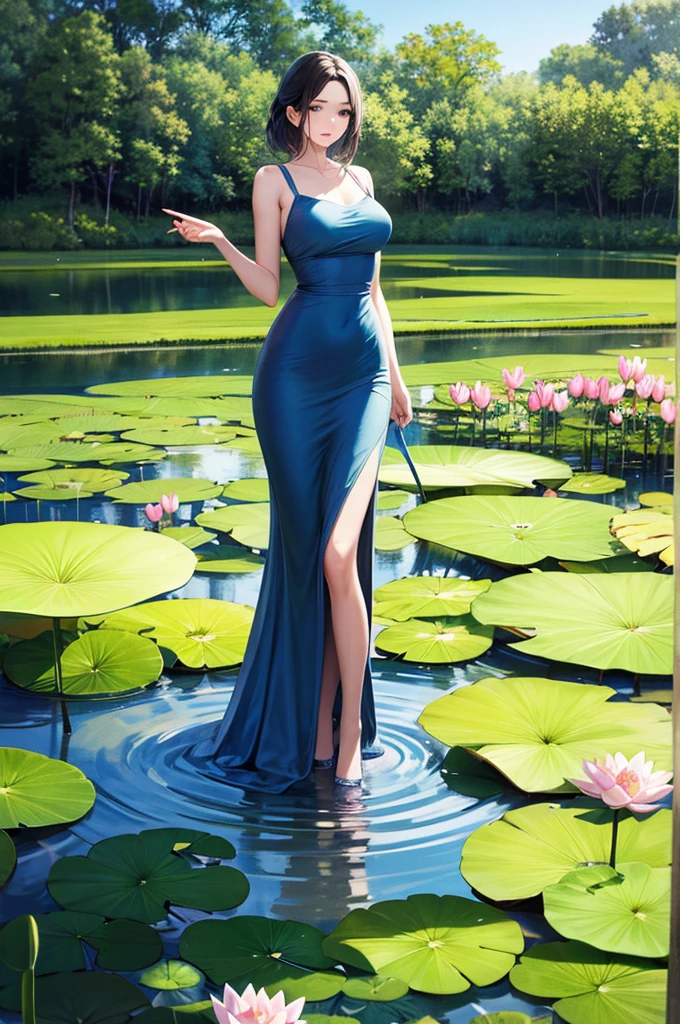 There is a blue dress, woman, Standing gracefully on a lotus flower, Heavenly Beauty, Wearing a blue dress, , Lots of fairies, In the pond, loose fitting dress, Light blue, Hair behind the ear