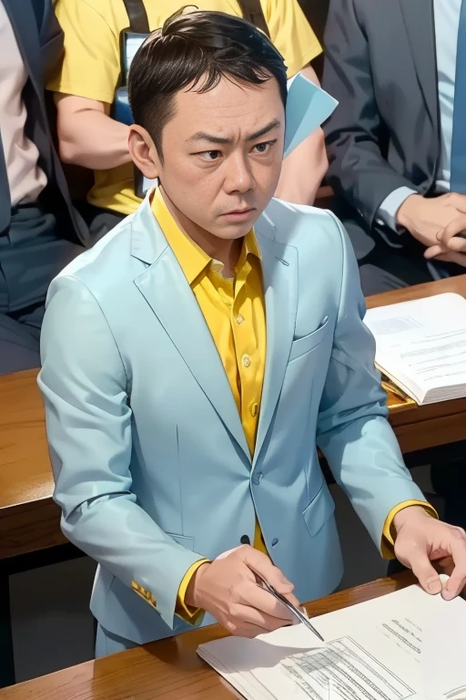 boy, alone, Thinning hair,  ((Light blue suit))、((Yellow Shirt)), (lawyer), ((court)), table, ((Witness examination)), Legal Book, document, court内, justice, Serious expression、Exaggerated attitude, 