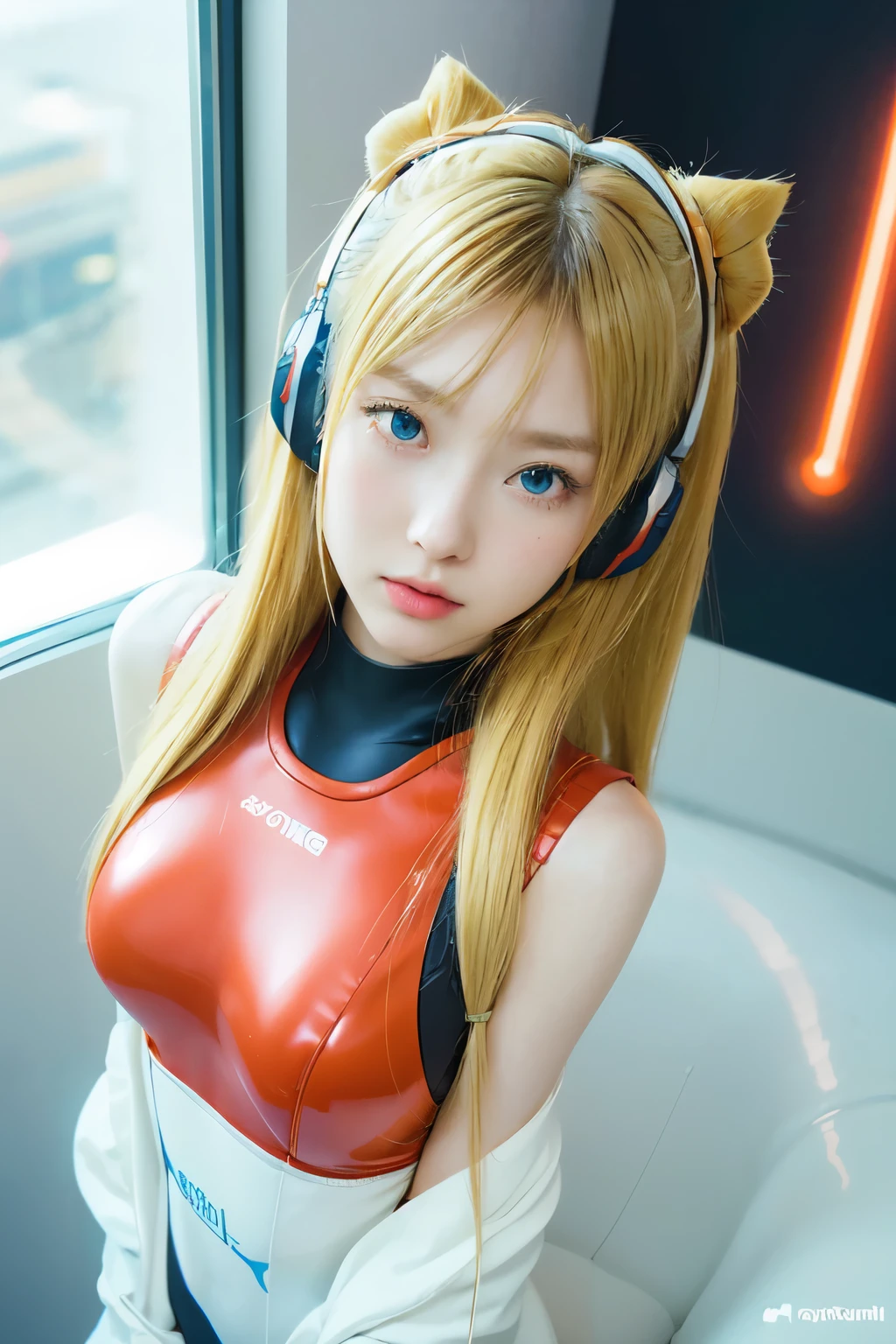 (overhead view),dynamic angle,very detailed, illustration, enlargement, upright, 1 woman, 
 ((Sour Asuka Langley, interface headset, red bodysuit:1.4, blonde)),Her eyes shone like dreamy stars,(shining eyes:1.233),(beautiful and delicate eyes:1.1),(expressionless,closed mouth),(standing), 
(Mechanical room with tools and spaceship windows in white spaceship),
(night:1.2),dreamy, [[delicate fingers and hands:0.55]::0.85],(Detail Fingers),