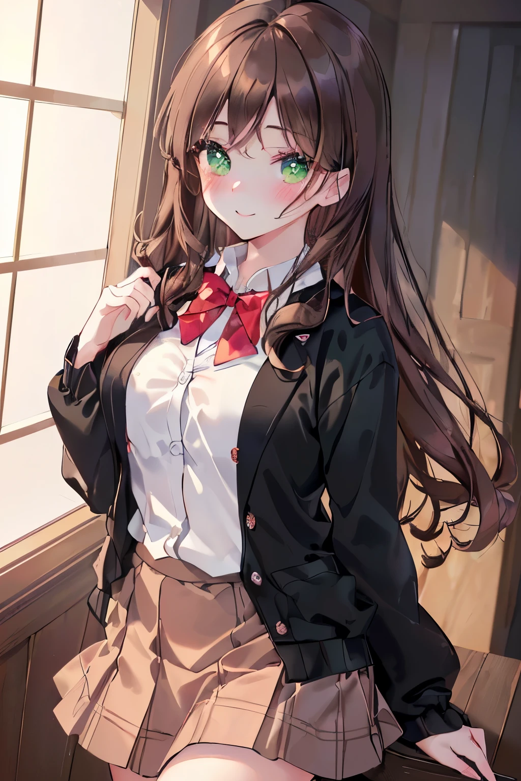 ((masterpiece, Highest quality, High resolution, 超High resolution, Pixel perfect, Written boundary depth, 4K, RTTX 10.0, High resolution))), 1 girl, single, alone, Beautiful Anime Girls, Beautiful art style, Anime characters, ((Long Hair, bangs, Dark brown hair, Curly Hair:0.4, Simple hairpin)), ((Green Eyes:1.4, Round eyes, Beautiful eyelashes, current eyes)), ((Detailed face, blush:1.2)), ((Smooth texture:0.75, Anime CG style)), Medium chest, ((Dynamic Angle, throw, close)), Perfect body, ((Red bow tie, , Black jacket, Open jacket, Brown cardigan, White shirt, Black Skirt, Checked skirt)), smile,