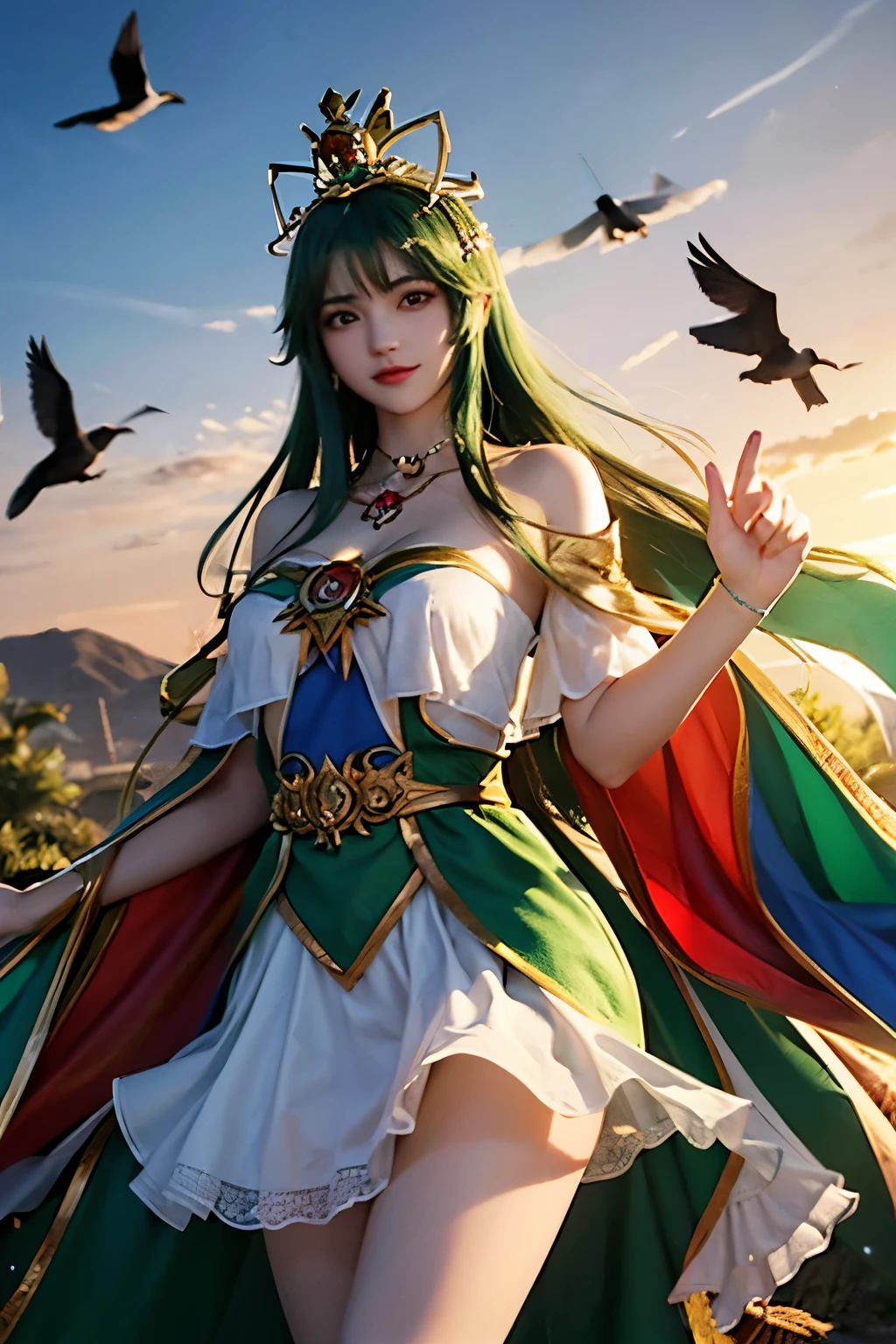 But she was wearing the crown of a god.,Wearing a green cape,Exposed shoulders,Makes you want to take a bird's-eye view,The proud twin peaks are in front of white underwear,A deep line makes people want to explore deeper.,The chest and below are all exposed.,A slim waist is too fat,Less dislike,Hands in white gloves,There are symbols of Tai Chi and Bagua on it.,Holding a slender blood-red rapier,The hilt of the sword is shaped like a phoenix spreading its wings, highlighting her extraordinary。White short skirt below waist,It only covers her round buttocks.,The golden skirt with silky beads sways with the breeze,Matching white skirt is actually white Tai Chi trousers,But the trousers did not cover all the legs,The exposed thigh root is a thin black layer close to the skin.,No知长裤里的风景是否也是如此。Slender face,Golden pupils,散发出一种No可靠近的威严但又让人无比想靠近的气质,Her snow-white skin matches her snow-white hair.,As if it came from a very cold place deep in the heavens。oh,No,She is the god from the fairyland.,Nuwa。