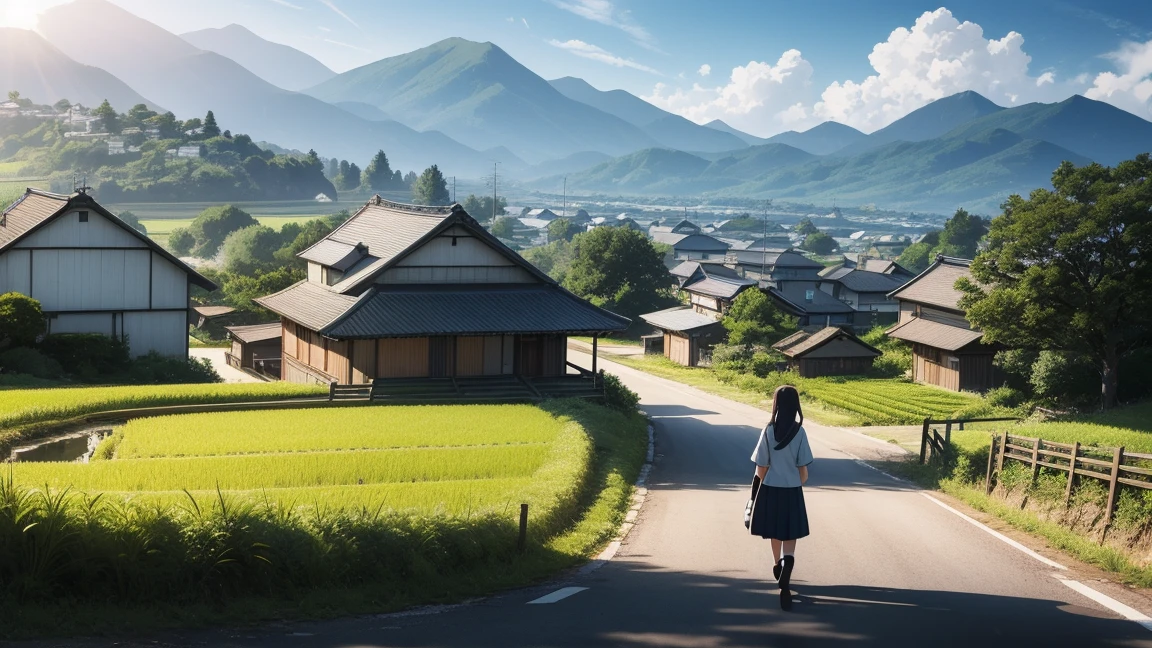 Ghibli, anime, Highest quality、Very detailed、Super Resolution、Ultra HD、8k wallpaper、Amazing details summer, Japan、Rice fields beside the road、Woman walking along a straight country road、A 16-year-old female student in uniform、blue sky、Shining Sun, Wide field of view, Small house and bus stop
