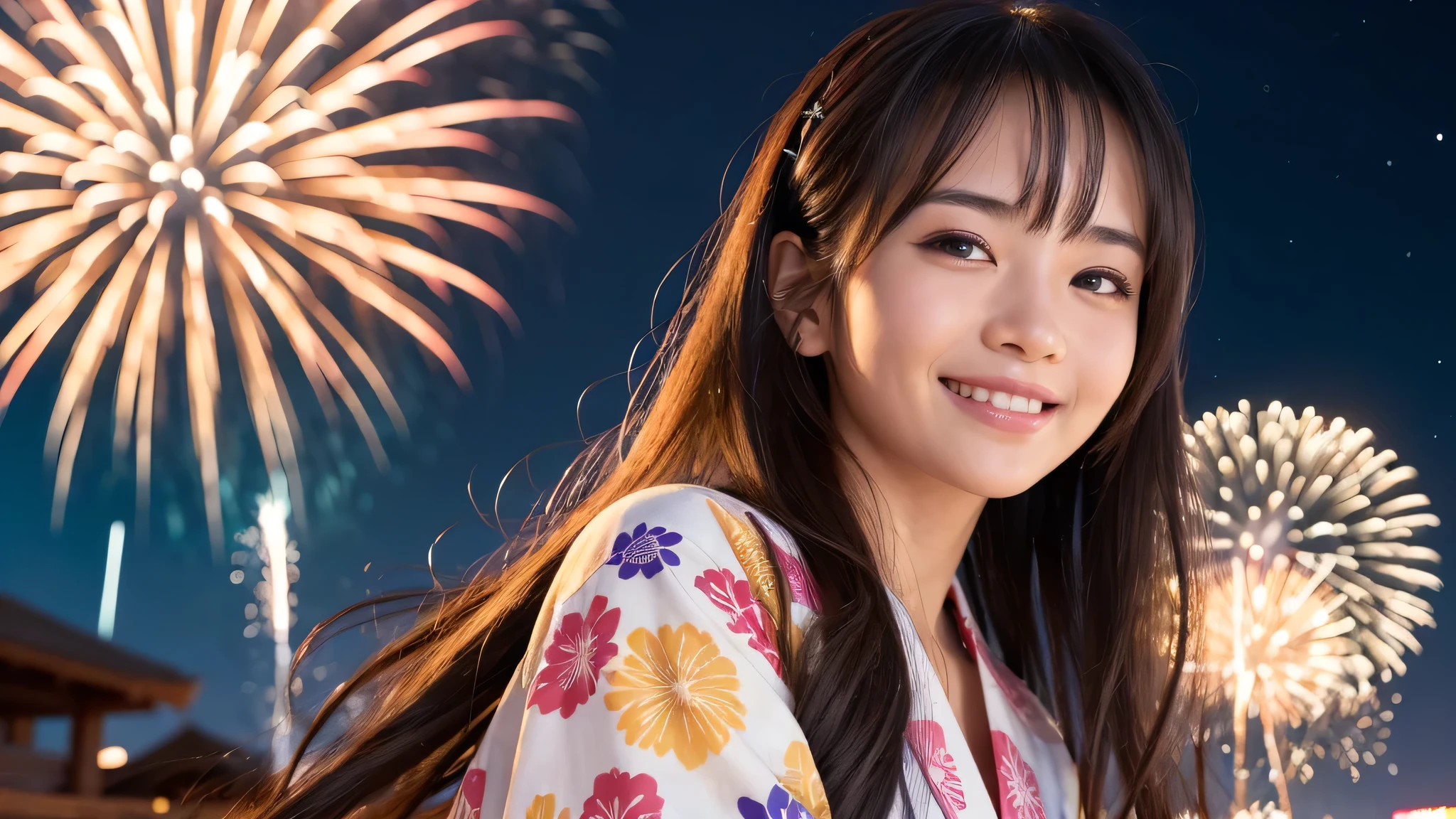 kawaii, (1girl), (happy smile:1.2), (yukata), (Best Quality:1.4), Realistic, extremely detailed CG unified 8k wallpaper, highly detailed, High-definition raw color photos, professional photography, Realistic portrait, Beautiful detailed, Close up portrait of girl, Outdoors, Beautiful scenery, beach, (The night sky, fireworks, beautiful fireworks spreading across the sky:1.4), so beautiful, upper body photos, amazingly beautiful sight, A wonderful, (Fine face:1.2),