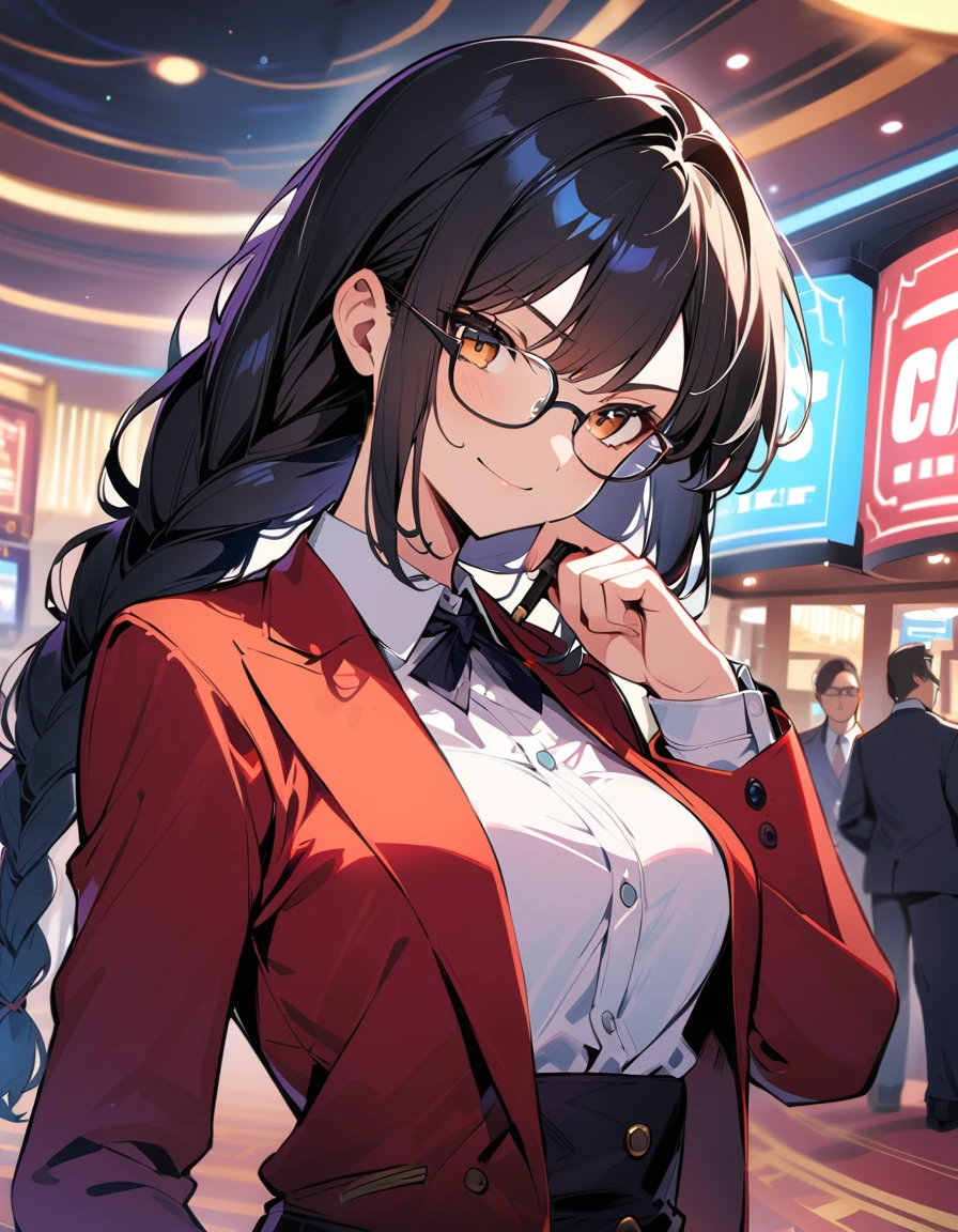 1girl, solo, Cool girl, Putting Pipe, coat on suit, casino, glasses, long black hair, small sword at the waist, girl standing, (looking at viewer), portrait, braids, serious smile face,