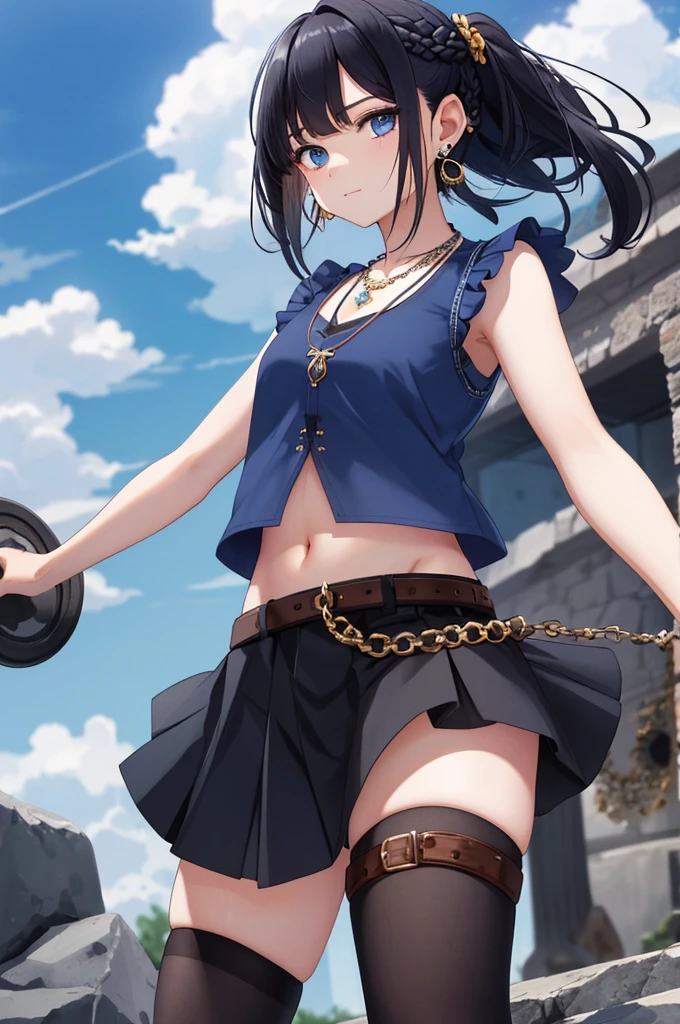 1 girl, solo, skirt, dwarf, navel, stomach, shirt, necklace, mini skirt, sleeveless, jewelry, earrings, thighs, braid, belt, sky, undershirt, dark blue eyes, black hair 