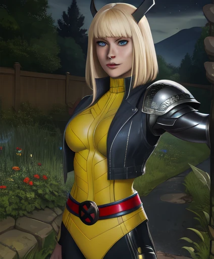 magik,blond hair,blue eyes,horns,bangs,
bodysuit,x belt,open black vest,armored left arm,single gauntlet,
standing,upper body,smile,
night,garden,
(insanely detailed, beautiful detailed face,beautiful detailed eyes, masterpiece, best quality),solo,