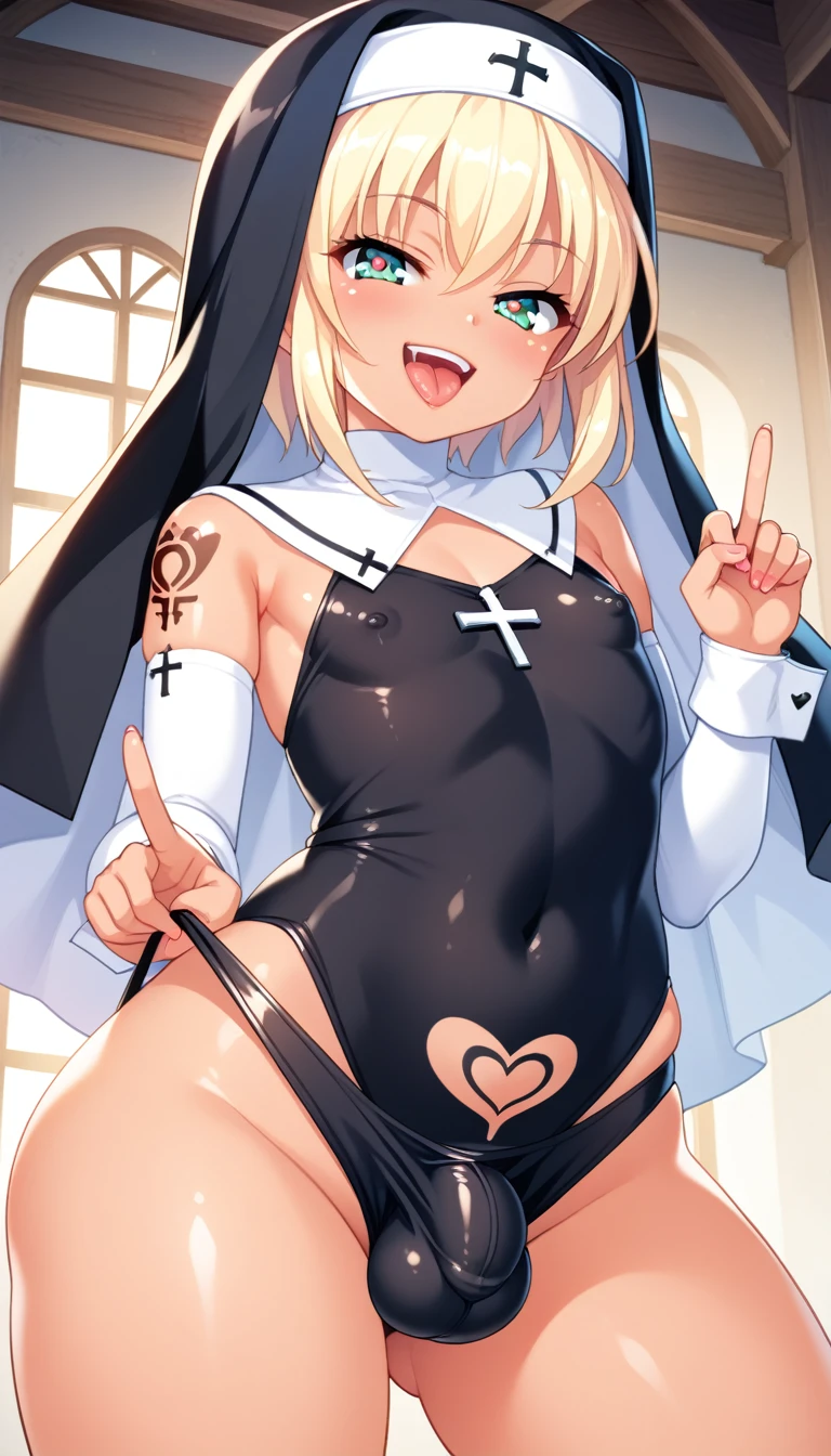 1boy, tidy, futanari, Vulgar underwear, fuck sign, fuck gesture, middle finger, vulgar gesture, sexual gesture, sexual appeal, tattoo, lewd crest, Bulge between the legs, tiny girl, young girl, mesugaki, mesugaki smile, Nuns, nun's costumes, Flat chest, big buttocks, thick thighs, Teasing, naughty looks, heart eyes, Vulgar underwear, fuck sign, fuck gesture, middle finger, vulgar gesture, sexual gesture, sexual appeal, He points to his own crotch, tattoo, lewd crest, tidy, Focus on the girl, glossy skin, oily skin, Gravure, pinup, junior idols, Sound, Clothing, vigorous,, Masterpiece:2, Top Quality, high Quality, Very Detailed, ultra  High Resolution, super High Resolution, Beautiful Detail, Dynamic angles, perfect lighting, 8k, Animation Style,  cartoon style, game cg, sfw, 
