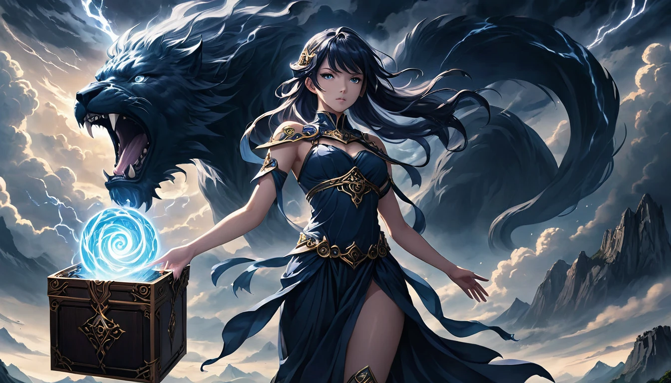 In this captivating dark fantasy anime illustration, Pandora stands boldly with her legendary box, emitting an enigmatic aura as dark energy swirls around it. Mount Olympus looms majestically in the backdrop, with ominous clouds casting shadows over the sky. The faces of the gods peer through the clouds, manipulating the fates of mortals. This powerful scene serves as a metaphor for the origins of the world's evils and delves into the complexities of human nature, ultimately emphasizing the importance of hope as a guiding force for a journey to the divine realm of the gods., dark fantasy, anime, photo, illustration