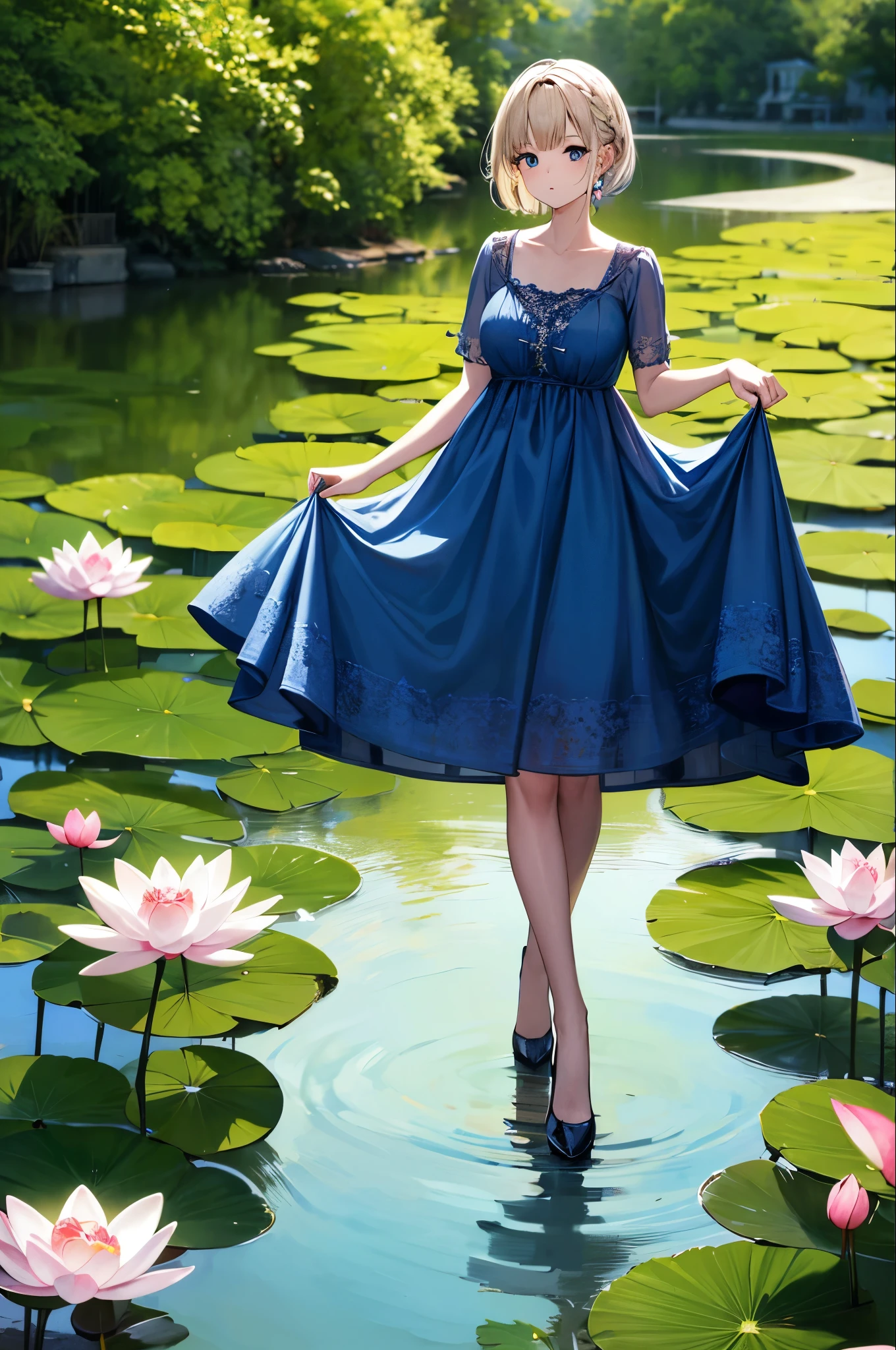 There is a blue dress, woman, Standing gracefully on a lotus flower, Heavenly Beauty, Wearing a blue dress, , Lots of fairies, In the pond, loose fitting dress, Light blue, Hair behind the ear