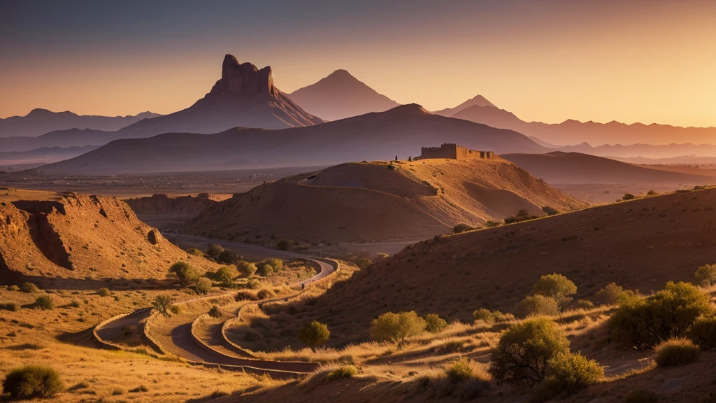 fantasy painting of distant epic mountains across a dry valley, high detail, 4k, hdr, motte and bailey castle, landscape, deep contrast, rich colors, masterwork, Darkover, borderless, desert, Chile, Africa