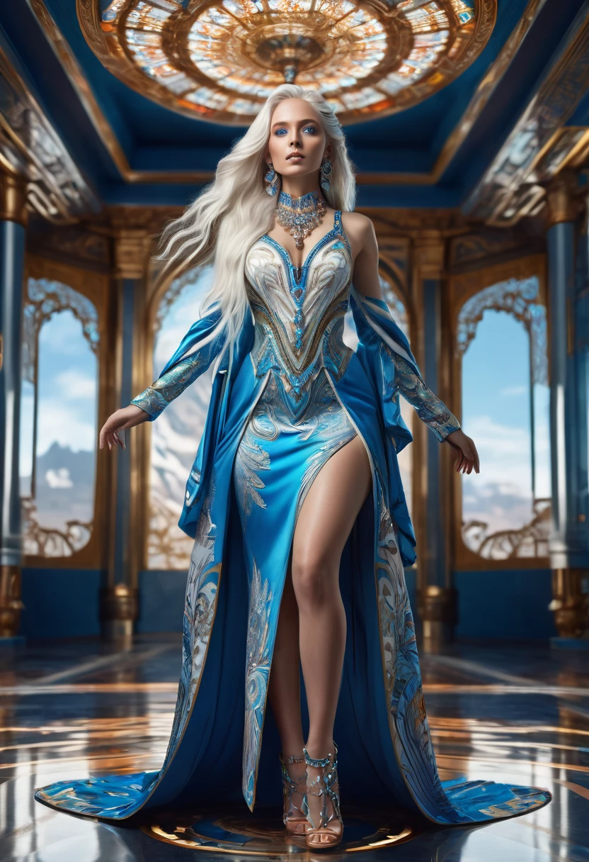 ((Full body photo, standing, feet on the floor)) high quality, 8k, hyper realistic, highly detailed, intricate, photorealistic, cinematic lighting, dramatic, 1 beautiful woman, blue eyes, long white hair, colorful ornate clothing, futuristic jewelry, dynamic pose, stunning, powerful, epic, cinematic, illustration, concept art