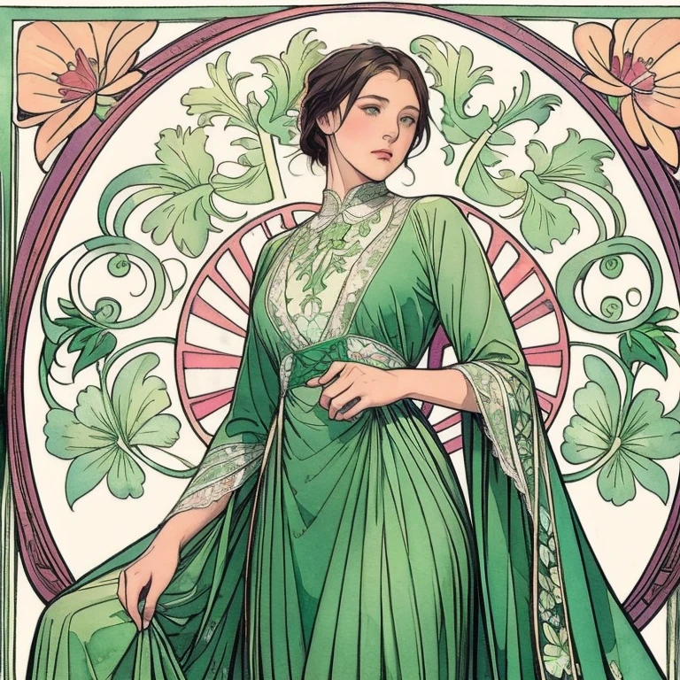 ((masterpiece)), (Highest quality), Art Nouveau watercolor, (Simple style), Green Dress, Butterfly Heart, Pleated lace, edwardian lace dress , Flower-like_background, Intricate designs and patterns in the style of Alphonse Mucha.From below.