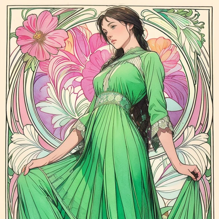 ((masterpiece)), (Highest quality), Art Nouveau watercolor, (Simple style), Green Dress, Butterfly Heart, Pleated lace, edwardian lace dress , Flower-like_background, Intricate designs and patterns in the style of Alphonse Mucha.From below.