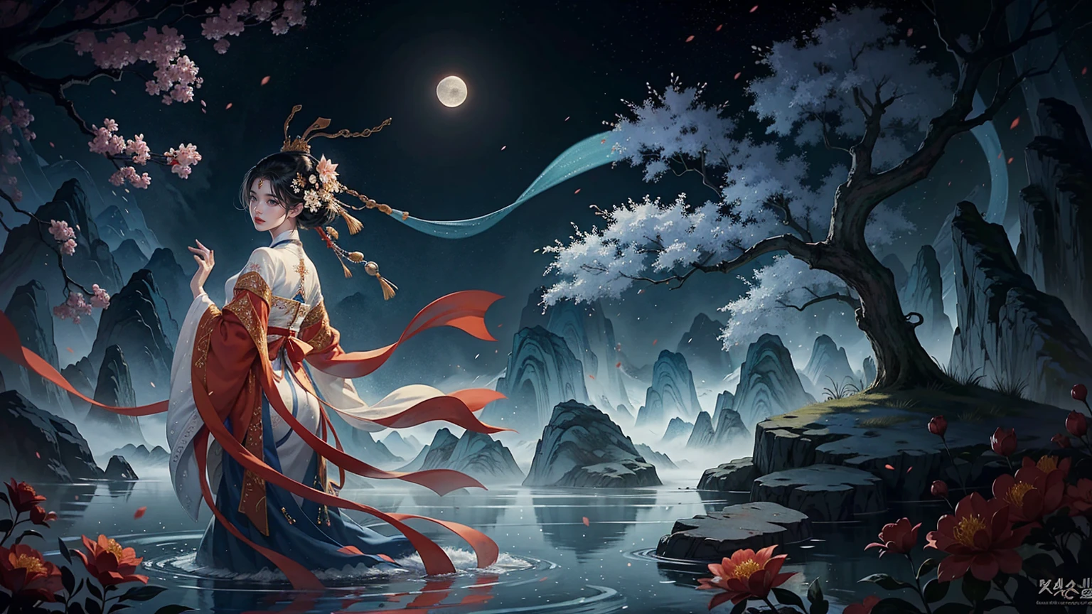 Official Art, Unity 8K wallpaper, Extremely detailed, beautiful and aesthetic, masterpiece, best quality, For the world,You may be alone,But for someone,You could be the whole world, paradox, Adrian Genius, Jenny Savile, Edward Hope, Surrealism, The Dark Arts of James Jean, Takato Yamamoto, 墨water朋克极简主义, fashion magazine, Editorial Photography, gufeng, moon, Tree, Solitary, water, flower, Branches, night, Black Hair, Back to, shawl, full moon, (1 Korean girl,Sexy facial features,Sexy fingers), in Tree, Long hair, Sky, sit, Chinese clothes, Hanfu, crescent moon, permanent, outdoor,