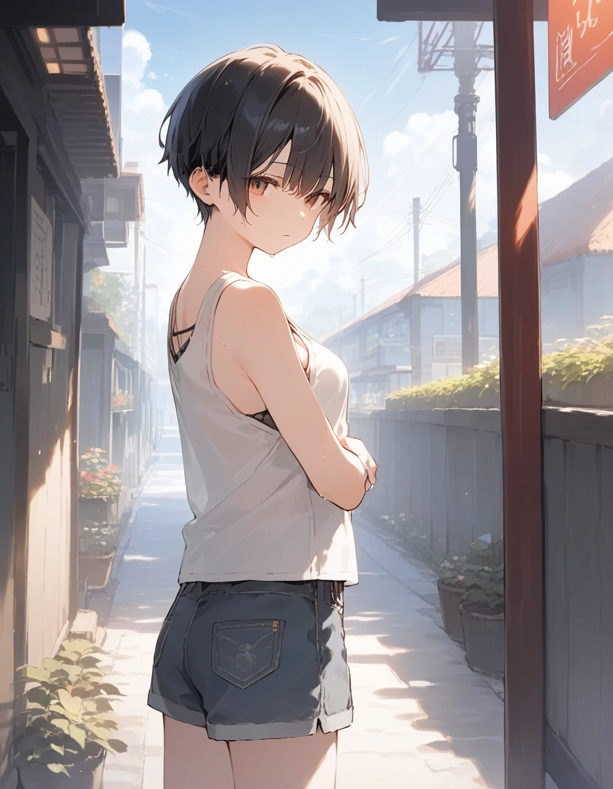 score_9, score_8_up, score_7_up, source_anime, best quality, masterpiece, official art, absurdres, highres, ultra-detailed,waifu2x,Collection: Slice of Life,break,1girl, tomboy, very short hair, pixie cut, breasts, casual, hanme, beautiful detailed eyes, expressionless, shorts, sweat, parted lips, sleepily, outdoors, summer, break,(clear line illustration:1.2), super detailed skin,very high resolution, very aesthetic, Best sexual lighting powered by famous artist, 8k,cute picture,beauty illustration,photoshop_(medium),,(Detailed Lighting),best anime 8k konachan wallpaper, pixiv contest winner,