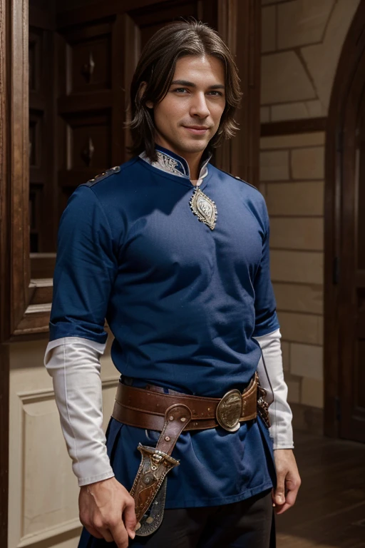 [masterpieces] blue eye, good-looking male, detailed smile happy face, attractive young man age 27, chiseled jawline, clear masculine face, dark brown sleek layered hairstyle hair, standing in historical Western knight uniform, sword stuck in a sheath at the waist, background historical castle, in year 900s