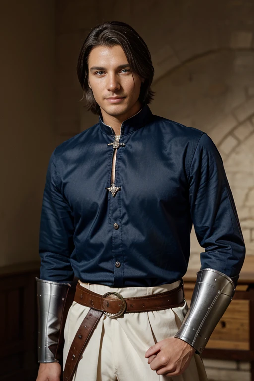[masterpieces] blue eye, good-looking male, detailed smile happy face, attractive young man age 27, chiseled jawline, clear masculine face, dark brown sleek layered hairstyle hair, standing in historical Western knight uniform, sword stuck in a sheath at the waist, background historical castle, in year 900s