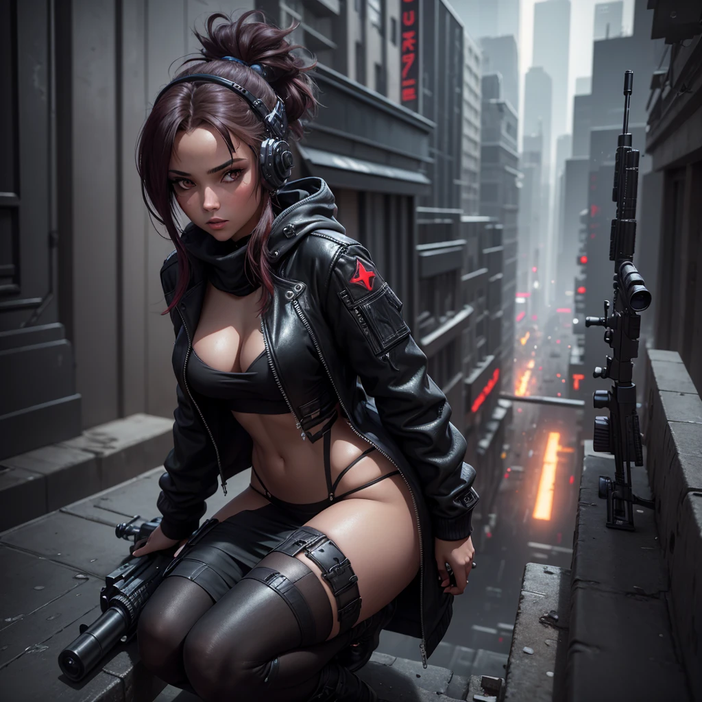une fille, magnifique, tenue noir, robe avec des collants noirs, yeux rouge, regard froid, vise avec un sniper sur un toit en contre plongé, vu d'en bas, style cyberpunk, 3d haute qualité