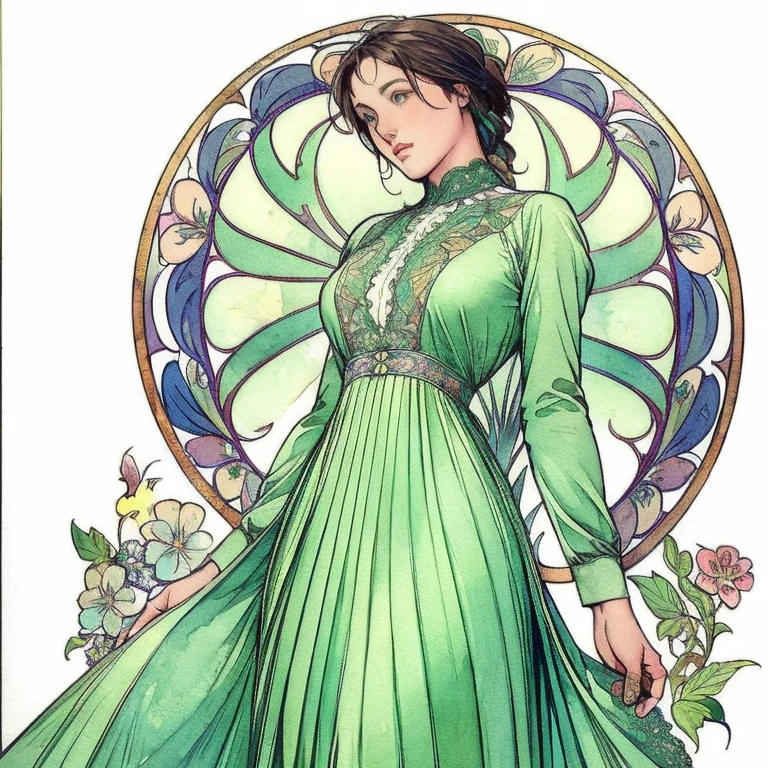 ((masterpiece)), (Highest quality), Art Nouveau watercolor, (Simple style), Green Dress, Butterfly Heart, Pleated lace, edwardian lace dress , Flower-like_background, Intricate designs and patterns in the style of Alphonse Mucha.From below.