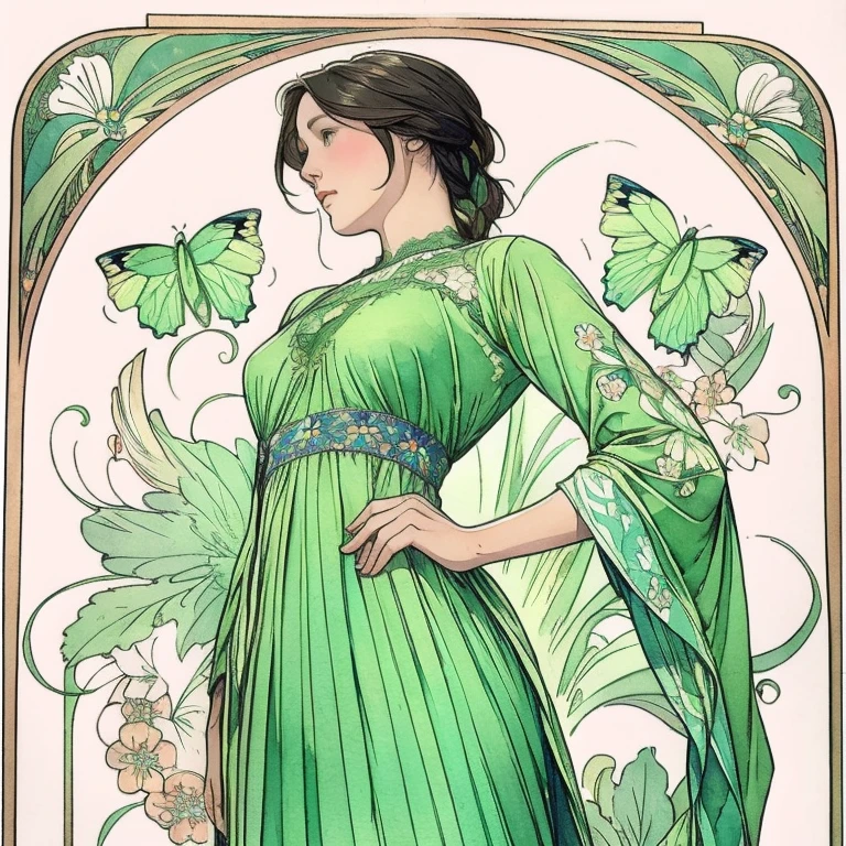 ((masterpiece)), (Highest quality), Art Nouveau watercolor, (Simple style), Green Dress, Butterfly Heart, Pleated lace, edwardian lace dress , Flower-like_background, Intricate designs and patterns in the style of Alphonse Mucha.From below.